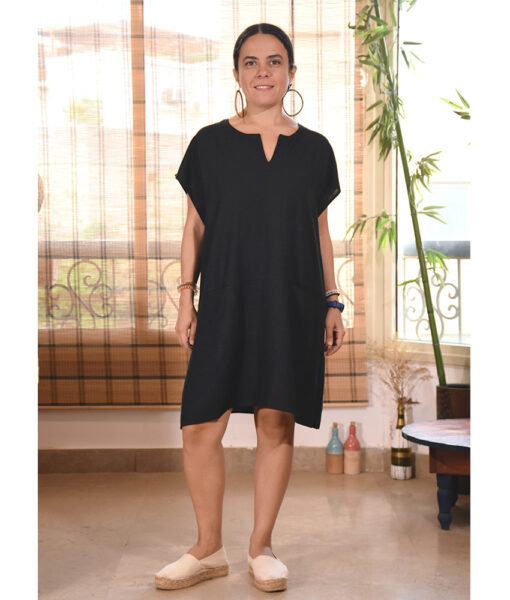 Black Short Sleeves Plain Midi Dress made in Egypt & available at Jozee boutique