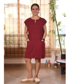 Dark Red Short Sleeves Plain Midi Dress made in Egypt & available at Jozee boutique