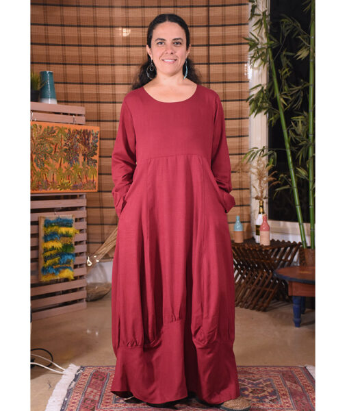 Red Lantern Linen Dress with Long Sleeves made in Egypt & available at Jozee boutique