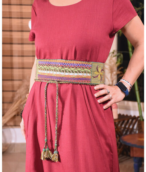 Green Saint Catherine embroidered wide belt handmade in Egypt & available at Jozee boutique