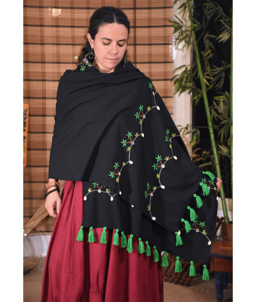 Black Siwa Embroidered Cotton/Viscose Shawl Handmade in Egypt & available at Jozee Boutique
