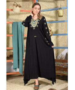 Black Siwa Embroidered Linen Tent Dress With Adjustable Buttons handmade in Egypt & available at Jozee boutique