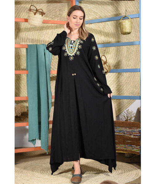 Black Siwa Embroidered Linen Tent Dress With Adjustable Buttons handmade in Egypt & available at Jozee boutique
