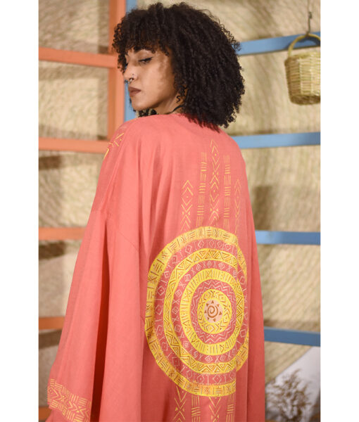 Coral Pink Linen Hand Painted Long Cardigan/Kimono handmade in Egypt & available at Jozee boutique