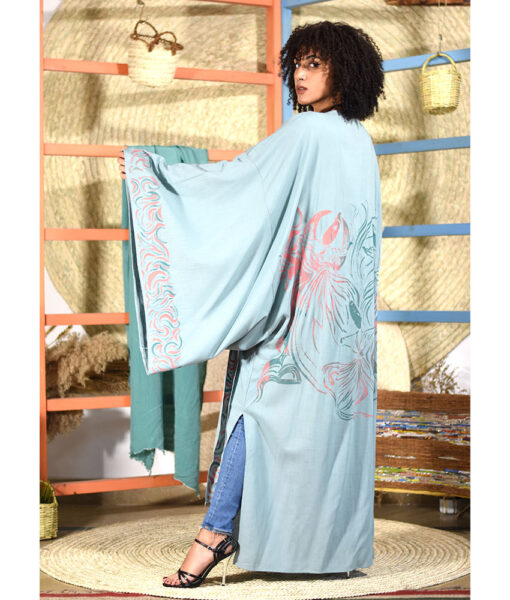 Pale blue Linen Sufi Hand Printed Long Cardigan/Kimono handmade in Egypt & available at Jozee boutique