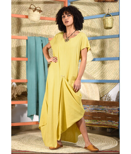 Yellow Linen Tent Dress With Adjustable buttons made in Egypt & available at Jozee boutique