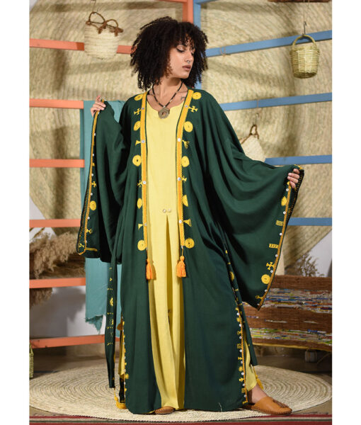 Emerald green Linen Siwa Embroidered Long Cardigan/Kimono handmade in Egypt & available at Jozee boutique