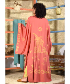 Coral Pink Linen Block Printed Long Cardigan/Kimono handmade in Egypt & available at Jozee boutique