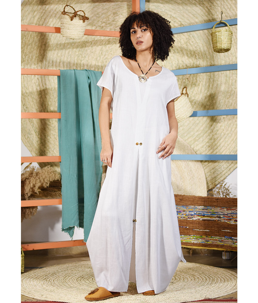 White Linen Tent Dress With Adjustable Buttons - Short Sleeves (2
