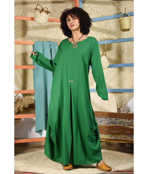Green Linen Tent Dress With Adjustable buttons made in Egypt & available at Jozee boutique