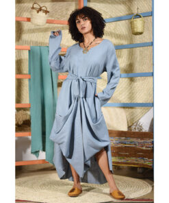 Pale Blue Linen Tent Dress With Adjustable buttons made in Egypt & available at Jozee boutique
