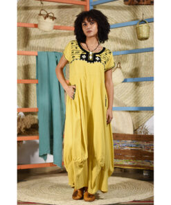 Yellow Siwa Embroidered Linen Lantern Dress with short Sleeves handmade in Egypt & available at Jozee boutique