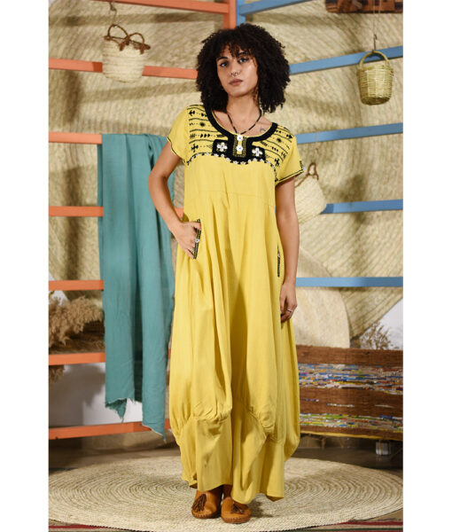 Yellow Siwa Embroidered Linen Lantern Dress with short Sleeves handmade in Egypt & available at Jozee boutique