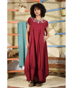 Red Siwa Embroidered Linen Lantern Dress with short Sleeves handmade in Egypt & available at Jozee boutique