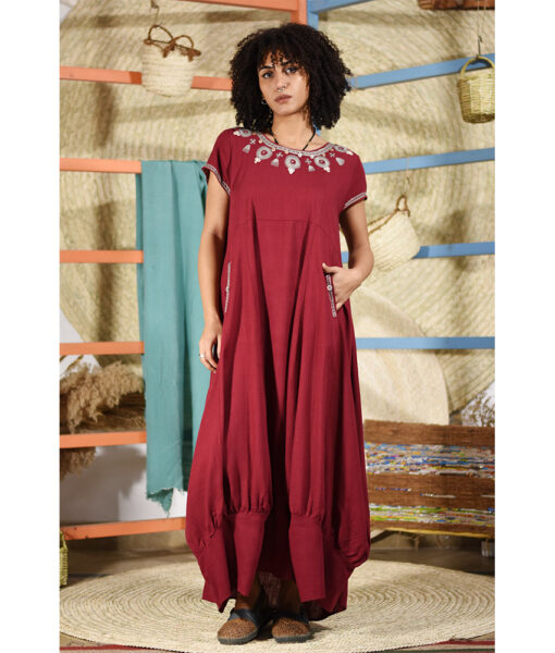 Red Siwa Embroidered Linen Lantern Dress with short Sleeves handmade in Egypt & available at Jozee boutique