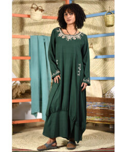 Emerald Green Siwa Embroidered Linen Lantern Dress with Long Sleeves handmade in Egypt & available at Jozee boutique