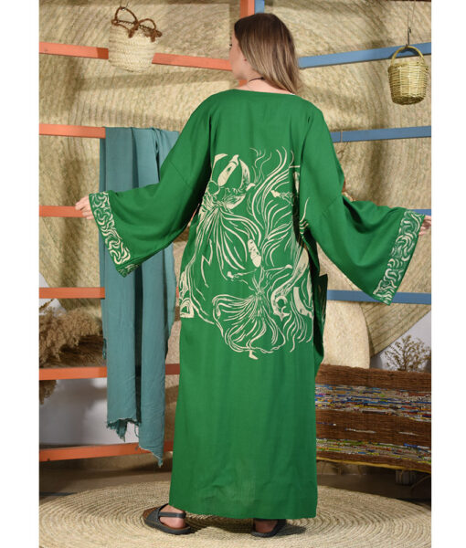 Green Linen Sufi Hand Printed Long Robe Abaya handmade in Egypt & available at Jozee boutique