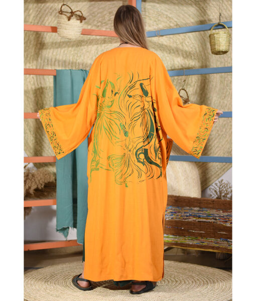 Orange Linen Sufi Hand Printed Long Robe Abaya handmade in Egypt & available at Jozee boutique