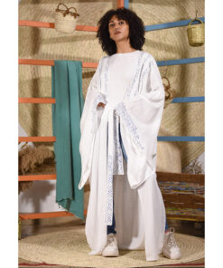 White Linen Hand Painted Long Cardigan/Kimono handmade in Egypt & available at Jozee boutique