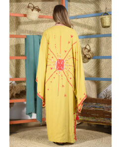 Yellow Linen Siwa Embroidered Long Cardigan/Kimono handmade in Egypt & available at Jozee boutique