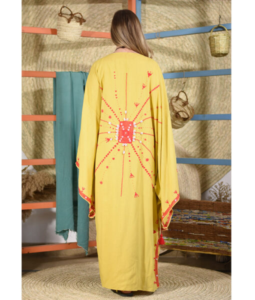 Yellow Linen Siwa Embroidered Long Cardigan/Kimono handmade in Egypt & available at Jozee boutique