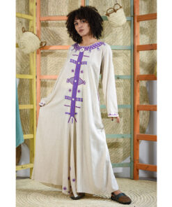 Beige Siwa Embroidered Linen Tent Dress With Side Buttons handmade in Egypt & available at Jozee boutique