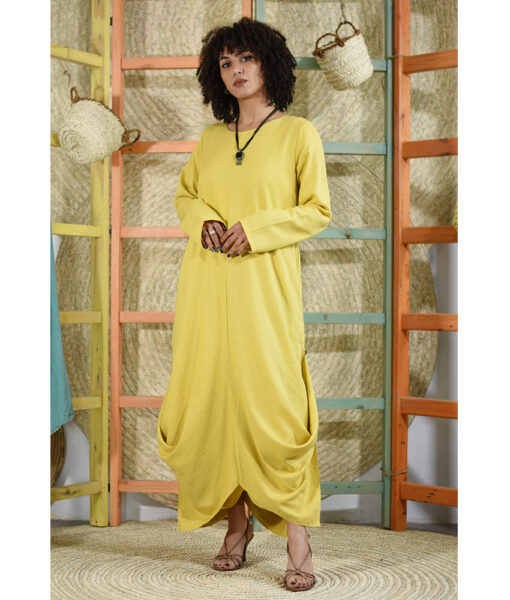 yellow Linen Tent Dress With Side Buttons handmade in Egypt & available at Jozee boutique