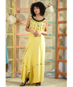 Yellow Siwa Embroidered Linen Tent Dress With Side Buttons handmade in Egypt & available at Jozee boutique