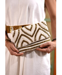 White & Gold Beaded Clutch handmade in Egypt & available at Jozee Boutique.