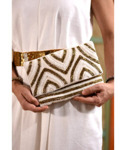 White & Gold Beaded Clutch handmade in Egypt & available at Jozee Boutique.