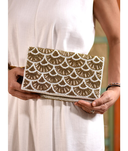 White & Gold Beaded Clutch handmade in Egypt & available at Jozee Boutique.