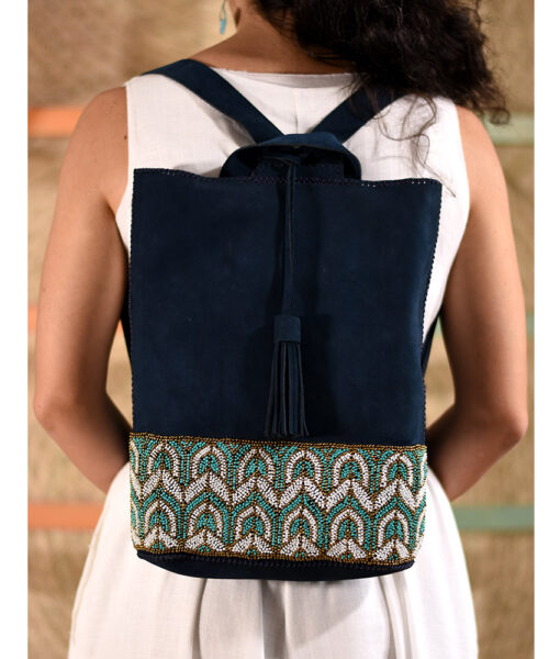 Dark blue Beaded Backpack handmade in Egypt & available at Jozee Boutique.