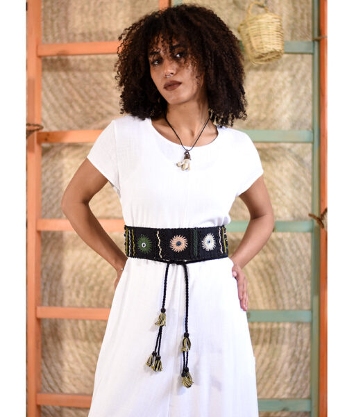 Black Saint Catherine embroidered wide belt handmade in Egypt & available at Jozee boutique