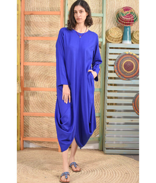 Electric blue Linen Tent Dress With Side Buttons handmade in Egypt & available at Jozee boutique