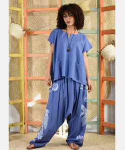 Blue denim Linen Block Printed Harem Pants Handmade in Egypt & available at Jozee Boutique