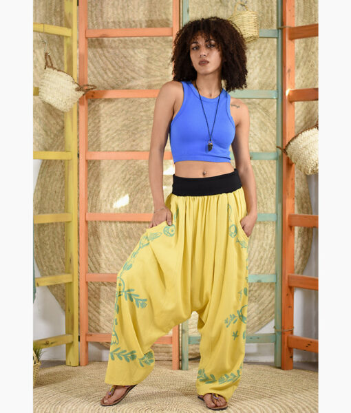 Yellow Linen Block Printed Harem Pants Handmade in Egypt & available at Jozee Boutique