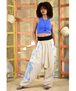 Light Beige Linen Block Printed Harem Pants Handmade in Egypt & available at Jozee Boutique