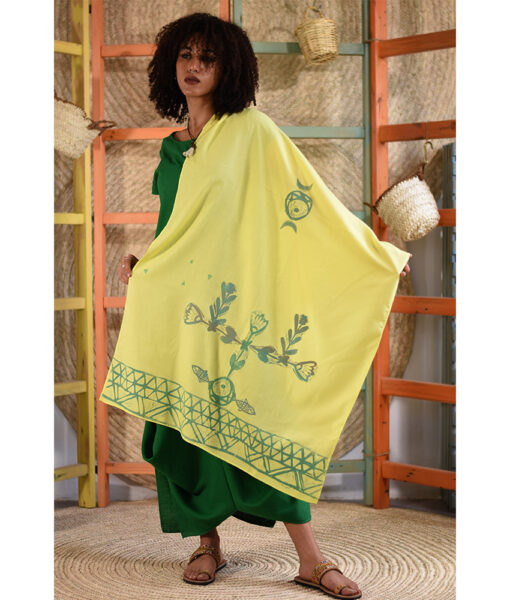 Yellow Handwoven Block Printed Egyptian Cotton Light Shawl handmade in Egypt & available at Jozee Boutique