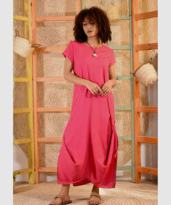 Fuchsia Linen Tent Dress With Side Buttons handmade in Egypt & available at Jozee boutique