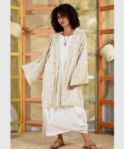 Off White Block printed Cotton Kimono Handmade in Egypt & available at Jozee Boutique