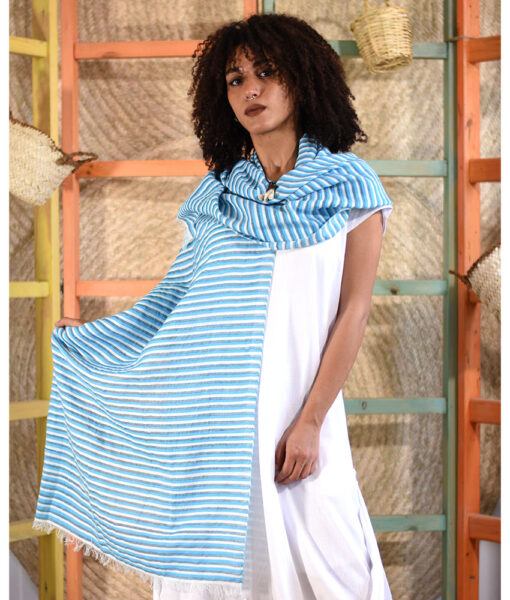 Blue Stripped Linen Shawl handmade in Egypt & available at Jozee boutique