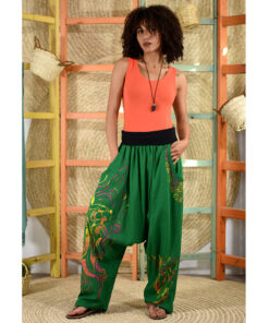 Green Linen Sufi hand Printed Harem Pants Handmade in Egypt & available at Jozee Boutique