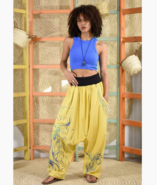 Yellow Linen Sufi hand Printed Harem Pants Handmade in Egypt & available at Jozee Boutique