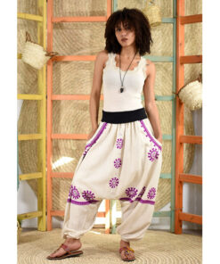 Off White Siwa Embroidered Linen Harem Pants Handmade in Egypt & available at Jozee Boutique