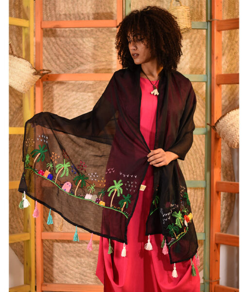 Black Embroidered Voile Wide Shawl handmade in Egypt & available at Jozee Boutique