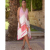 Fuchsia & white Backless Viscose Midi Dress made in Egypt & available in Jozee boutique
