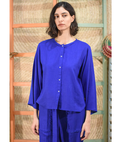 Elictric blue Linen Top long sleeves made in Egypt & available in Jozee boutique