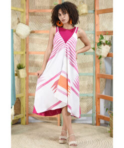 Fuchsia & white Backless Viscose Midi Dress made in Egypt & available in Jozee boutique