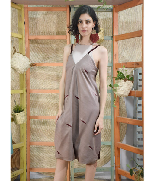 Dark beige & brown Adjustable Backless Viscose Midi Dress Handwoven Viscose Top made in Egypt & available in Jozee boutique