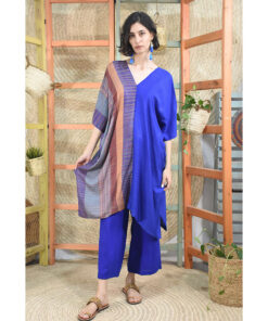 Multicolored & blue Handwoven Viscose midi Kaftan Handwoven Viscose Top made in Egypt & available in Jozee boutique